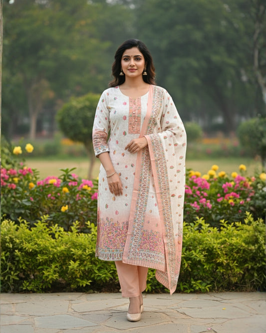 KRITI Winter Woolen Digital Print Stitched Suit Peach Color For Women
