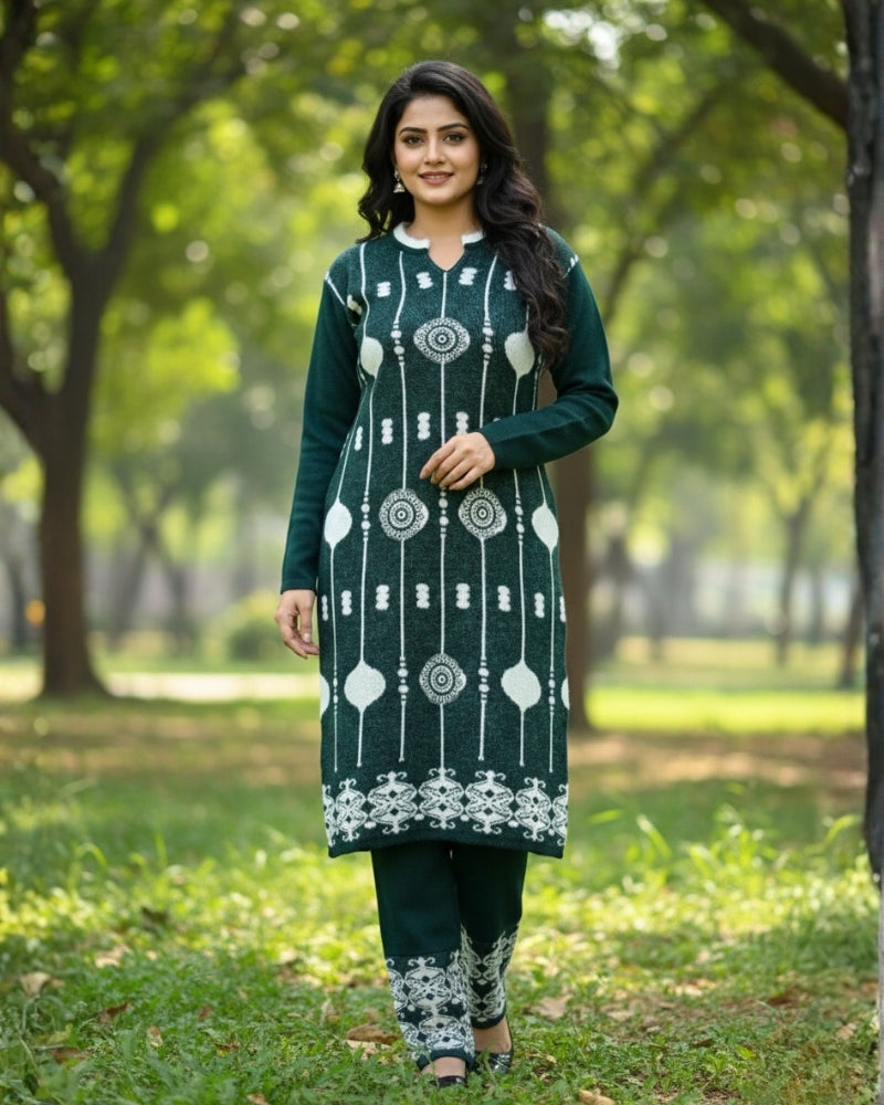 KRITI Wool Blend 3-Piece Embroidered Kurti Set for Women | Warm Knitted Kurti Lower & Stole Dupatta | Winter Indian Ethnic Wear Suit | M to XXL |