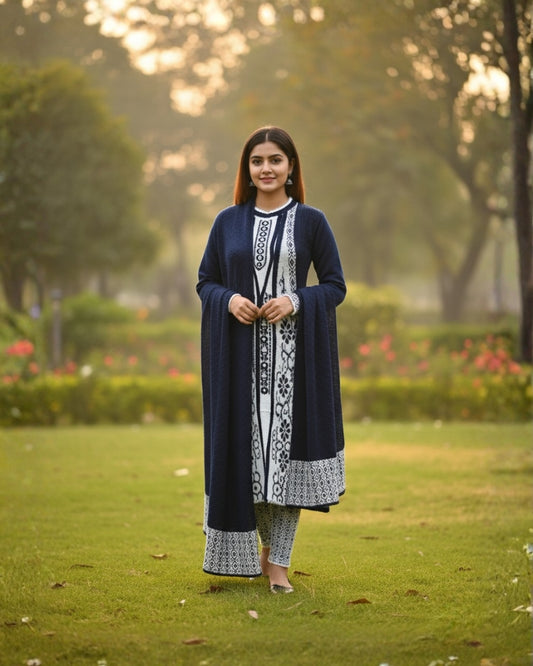 KRITI विंटर एम्ब्रॉयडरी 3 पीस कुर्ती सेट नेवी कलर महिलाओं के लिए