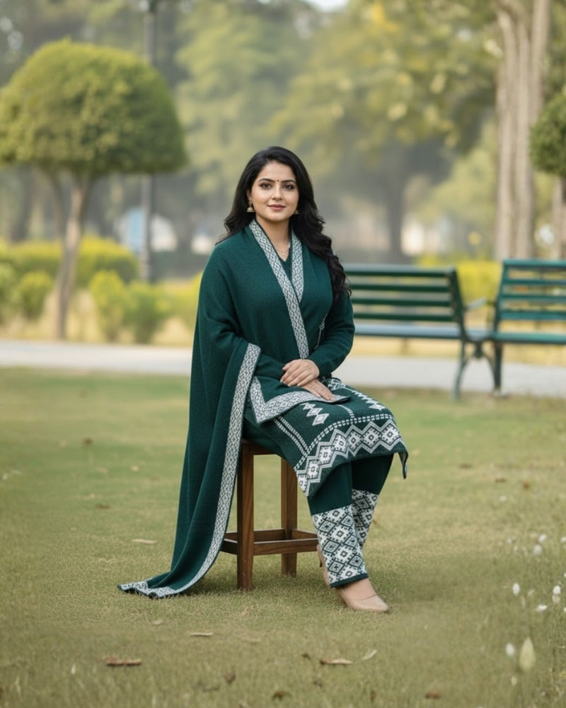प्रीमियम 3-पीस ऊनी विंटर कुर्ती सेट | बॉटम और स्टोल के साथ बुना हुआ कुर्ता | M-XXL साइज़