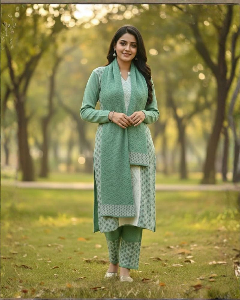 प्रीमियम 3-पीस ऊनी विंटर कुर्ती सेट | बॉटम और स्टोल के साथ बुना हुआ कुर्ता | M-XXL साइज़