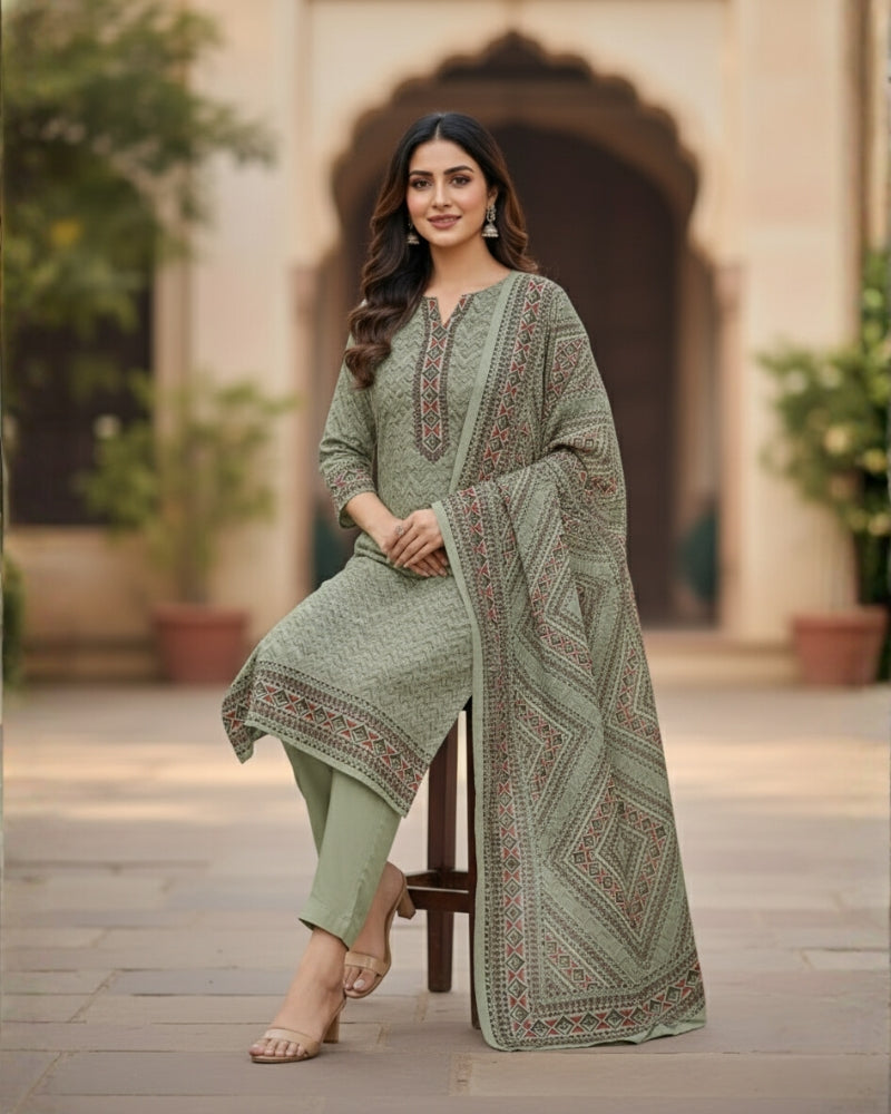 KRITI Women's Digital Print Woolen Green Color Unstitched Fabric Suit Set Winterwear