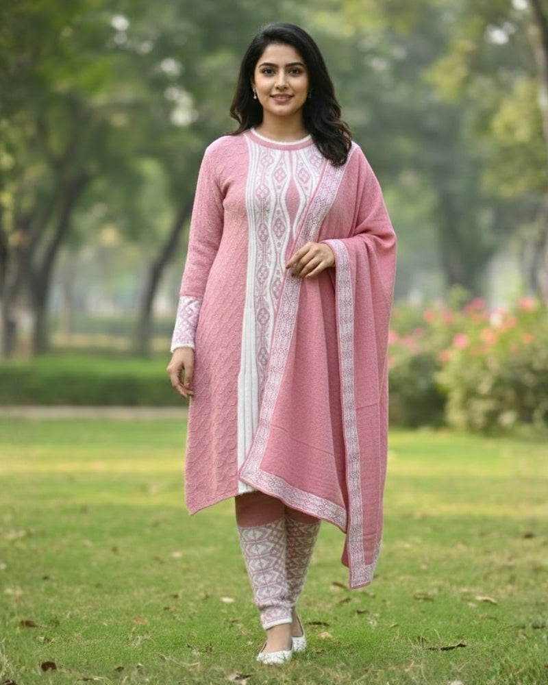 Full Sleeve Knee Length Hair Wool Fabric Onion Color 3 PC Kurti Set For Women