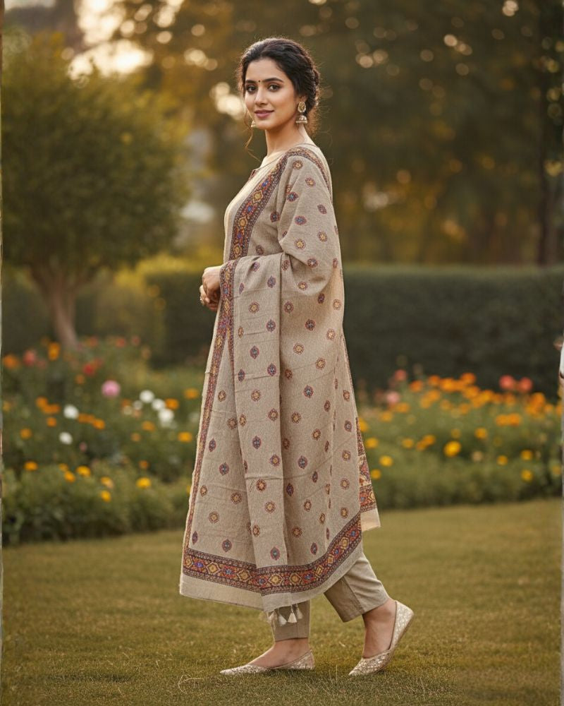 KRITI महिलाओं के लिए डिजिटल प्रिंट ऊनी कैमल रंग का अनस्टिच्ड फ़ैब्रिक सूट सेट विंटरवियर 