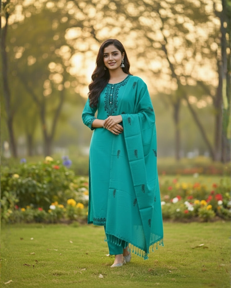 KRITI ऊनी कढ़ाई वाला सिला हुआ सूट फिरोजी रंग महिलाओं के लिए सर्दियों के लिए