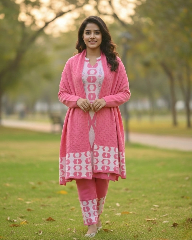 Women's Geometric Print Woolen Kurti Set - Pink