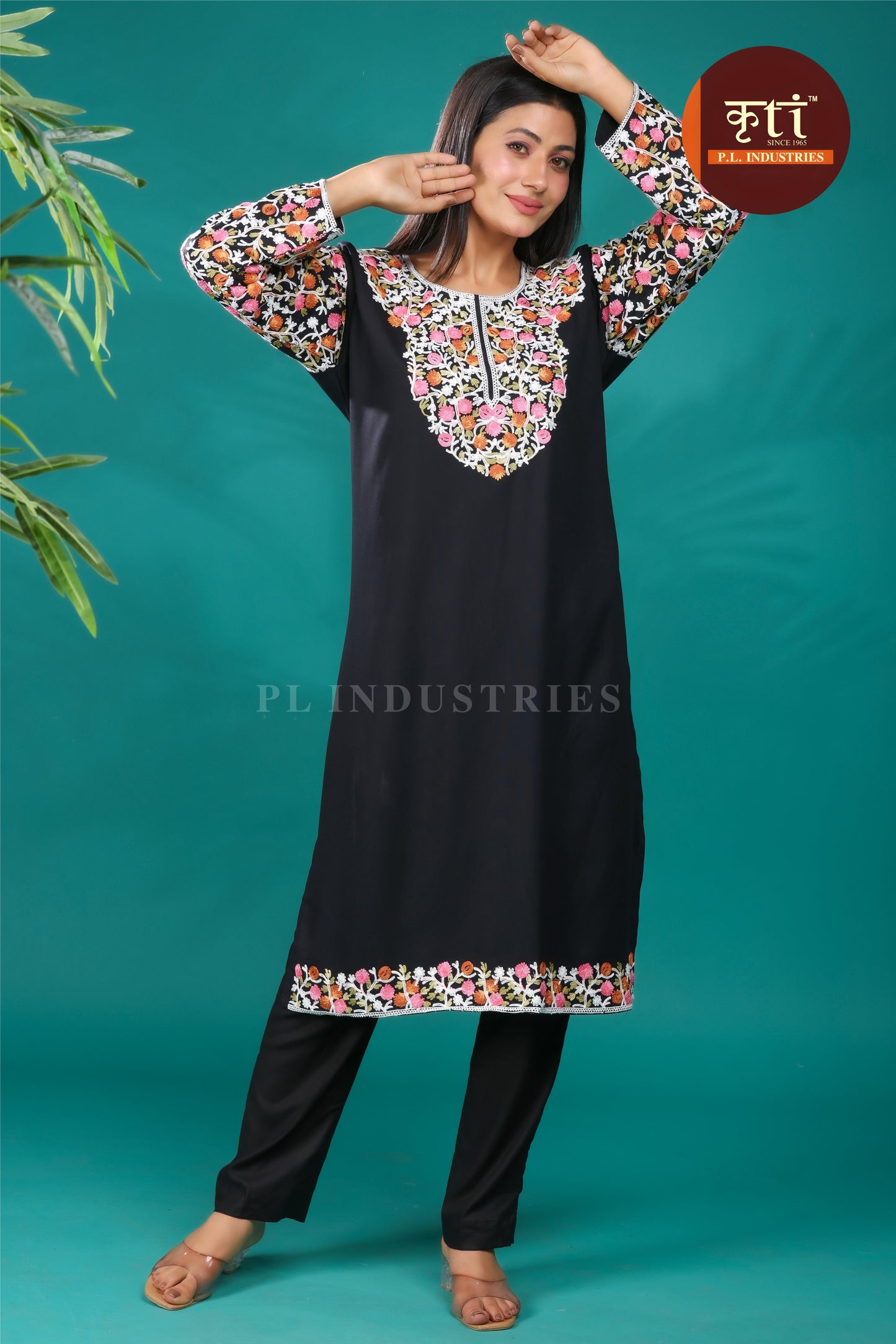 Refined Black Rayon Kurti with Delicate Floral Embroidery | Everyday Ethnic Luxury by Kriti Free Size