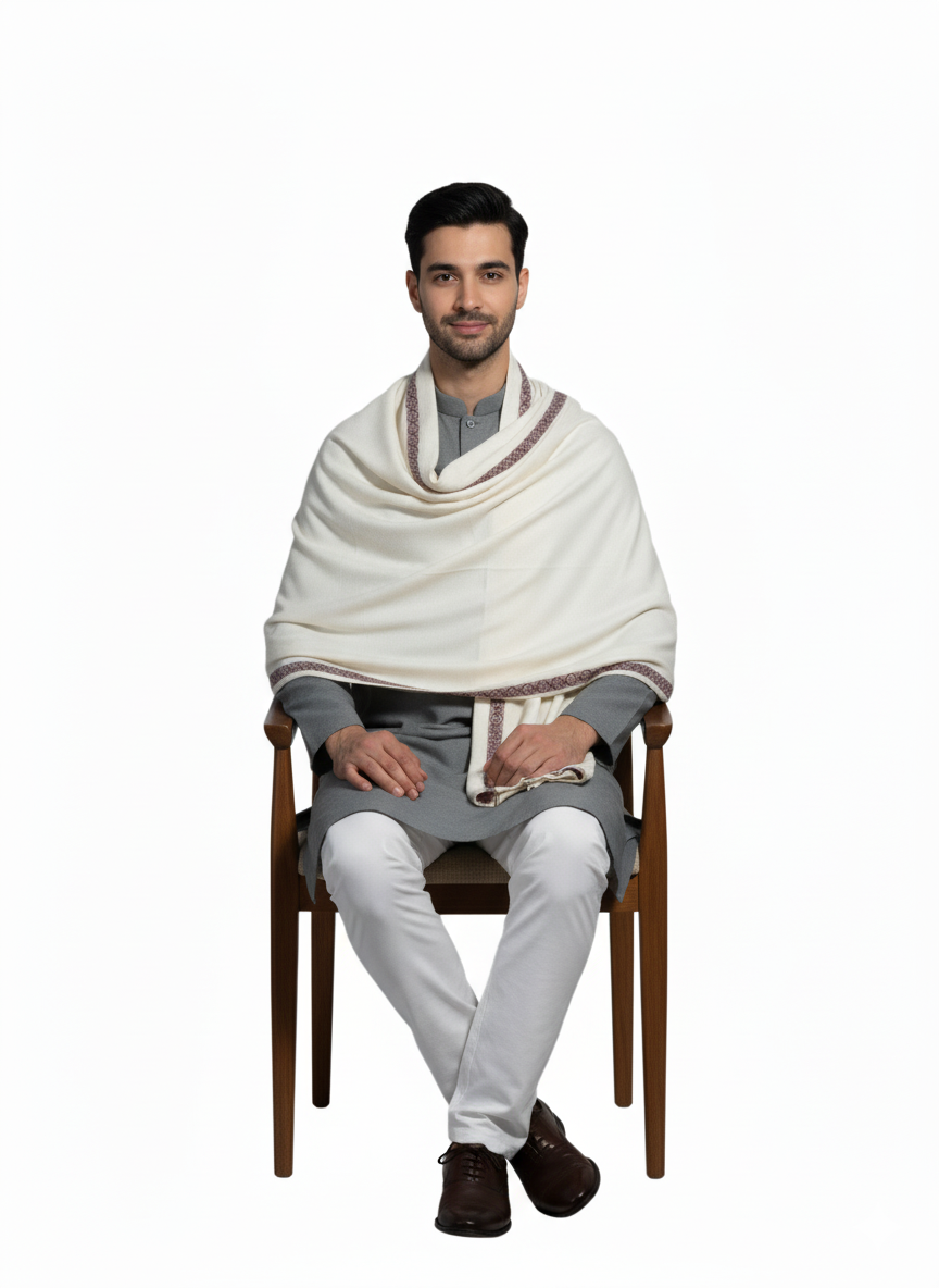 KRITI Woolen Border Design Lohi Cream Color For Men