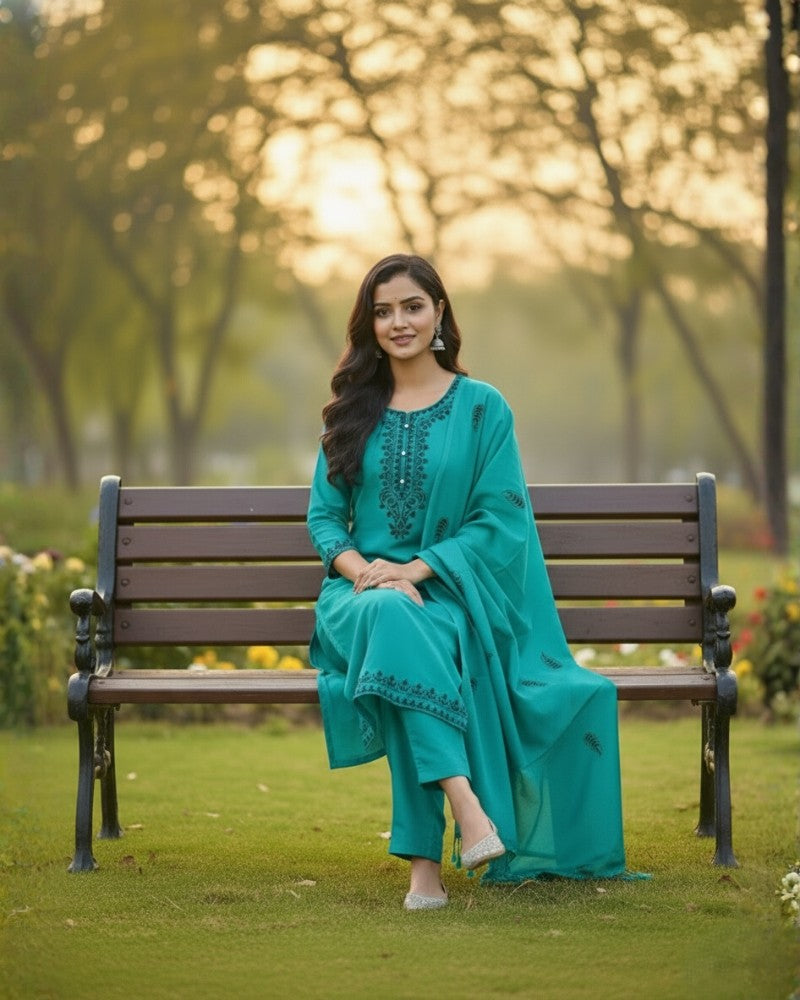 KRITI ऊनी कढ़ाई वाला सिला हुआ सूट फिरोजी रंग महिलाओं के लिए सर्दियों के लिए