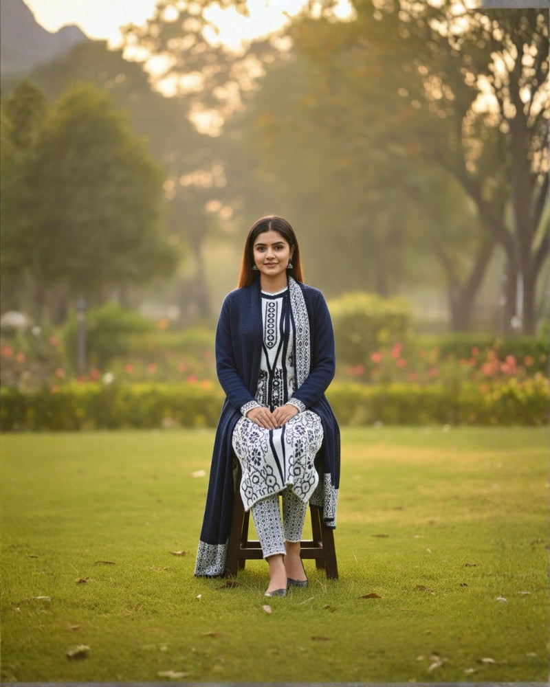 KRITI विंटर एम्ब्रॉयडरी 3 पीस कुर्ती सेट नेवी कलर महिलाओं के लिए