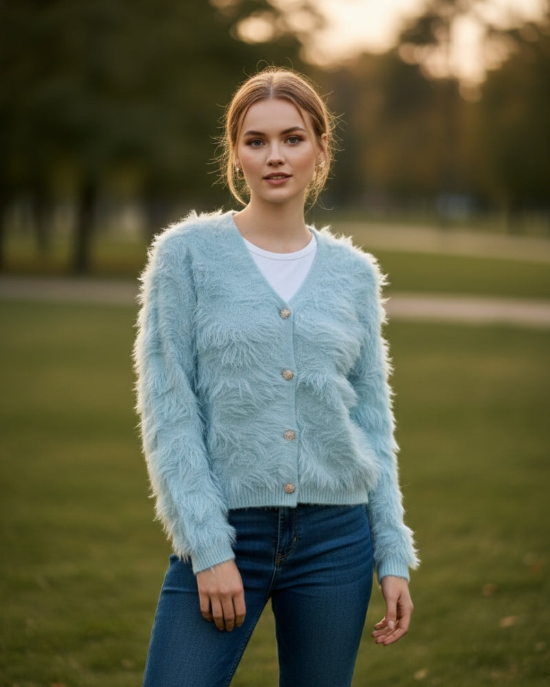 Women's Open Front Woolen Fluffy Top | Sky Blue Oversized Fuzzy Shaggy Top | Long Sleeve & Loose Fit
