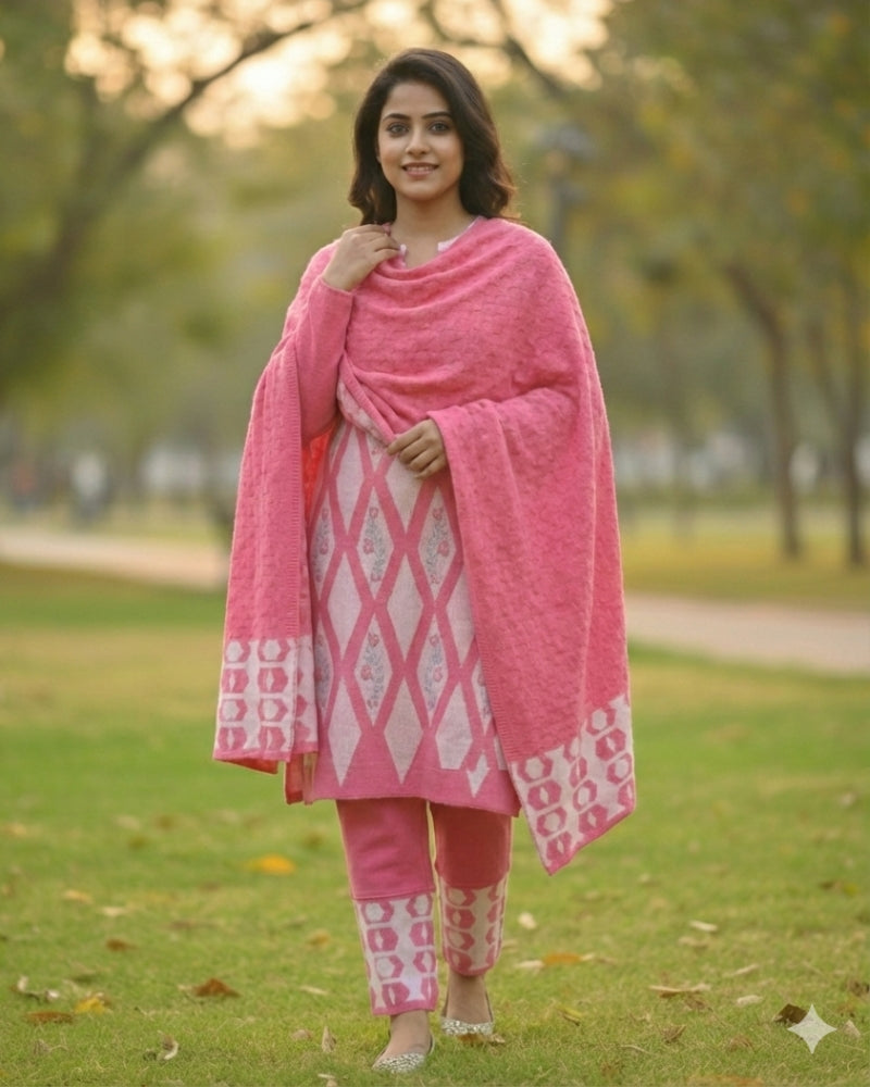 Women's Geometric Print Pink Color Woolen Kurti Set  | Warm Winter 3-Piece Suit