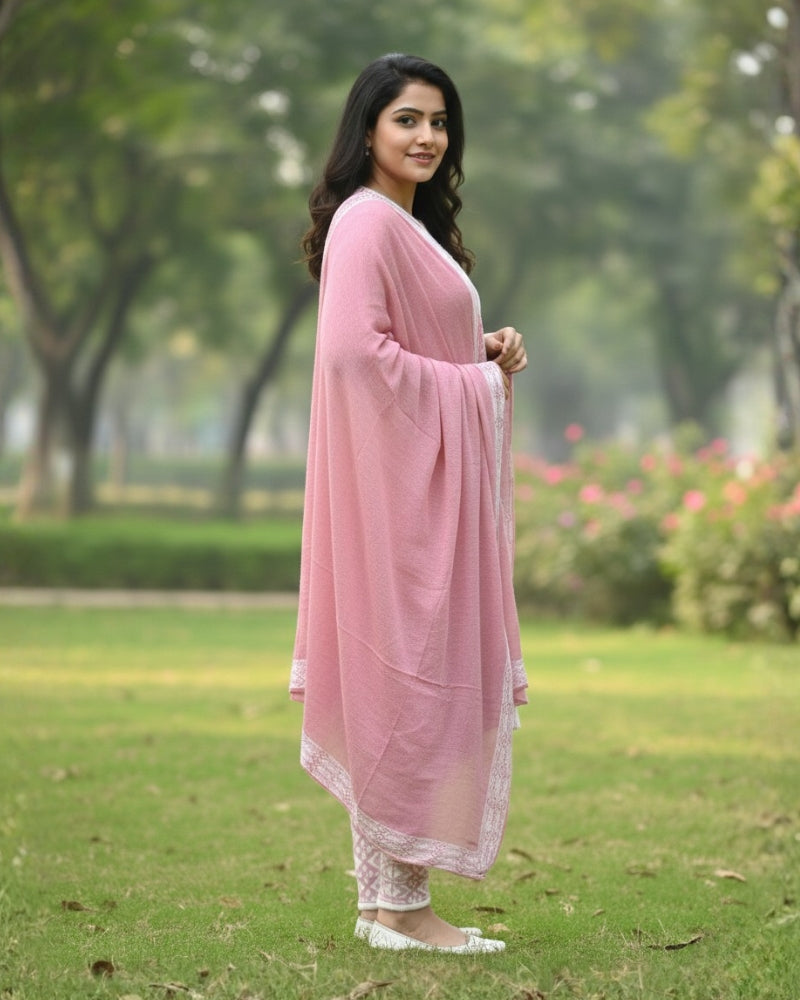 Full Sleeve Knee Length Hair Wool Fabric Onion Color 3 PC Kurti Set For Women