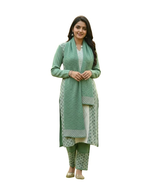 प्रीमियम 3-पीस ऊनी विंटर कुर्ती सेट | बॉटम और स्टोल के साथ बुना हुआ कुर्ता | M-XXL साइज़