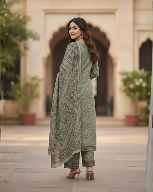 KRITI महिलाओं के लिए डिजिटल प्रिंट ऊनी हरा रंग अनस्टिच्ड फ़ैब्रिक सूट सेट विंटरवियर 