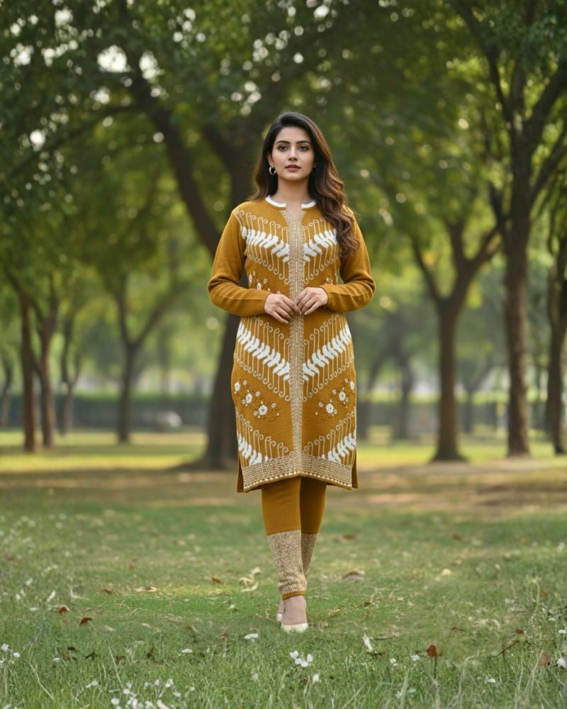 प्रीमियम 3-पीस ऊनी विंटर कुर्ती सेट | बॉटम और स्टोल के साथ बुना हुआ कुर्ता | M-XXL साइज़