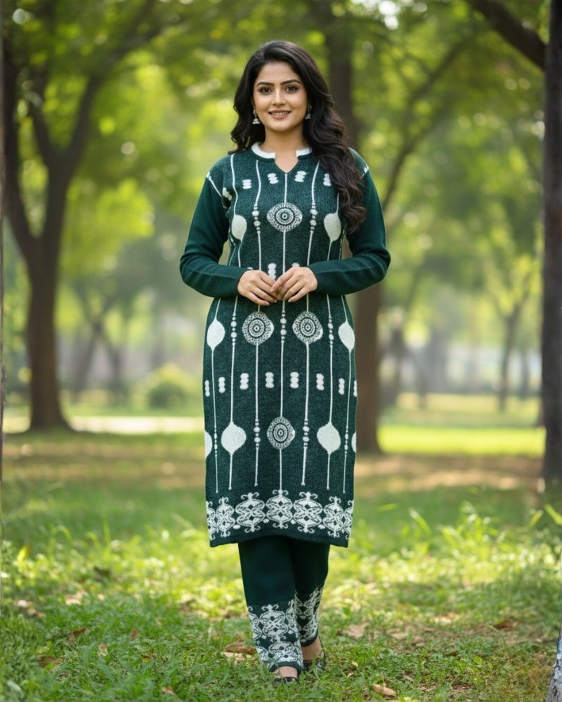 KRITI Wool Blend 3-Piece Embroidered Kurti Set for Women | Warm Knitted Kurti Lower & Stole Dupatta | Winter Indian Ethnic Wear Suit | M to XXL |