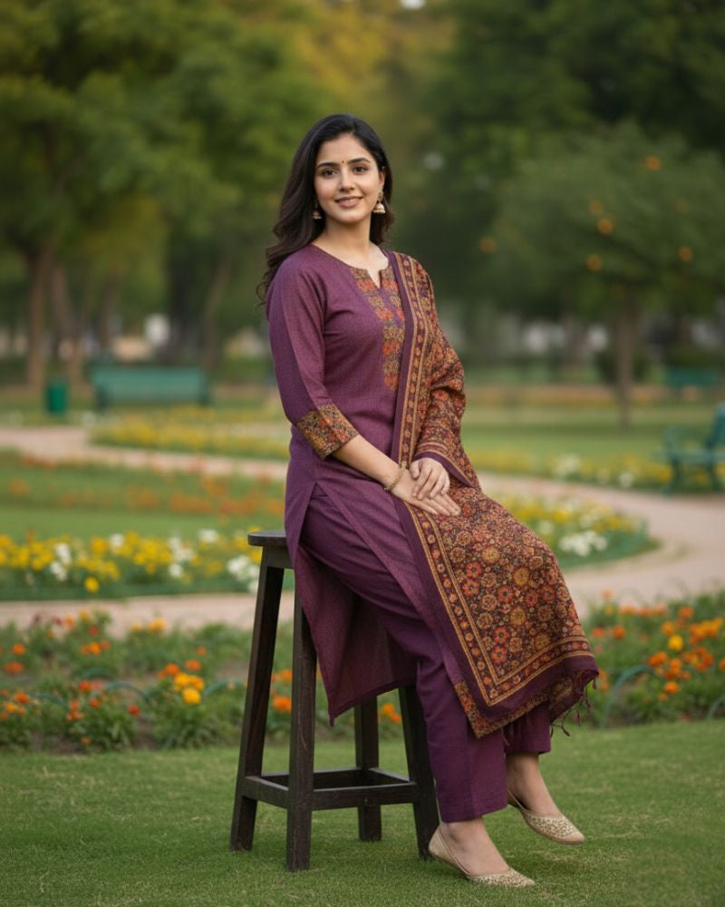 KRITI Winter Woolen Unstitched Suit Wine Color For Women