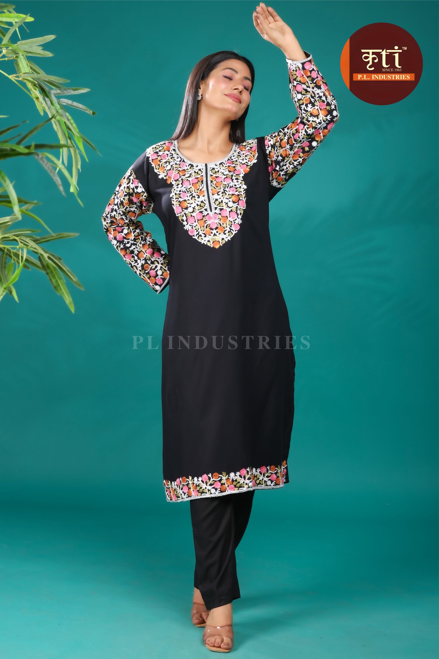 Refined Black Rayon Kurti with Delicate Floral Embroidery | Everyday Ethnic Luxury by Kriti Free Size