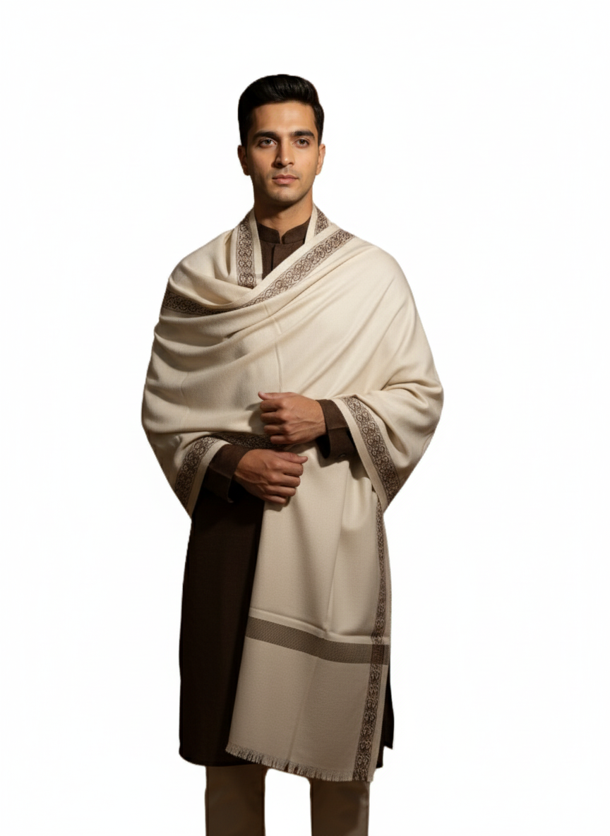 Woolen Border Design Lohi  For Men - Cream