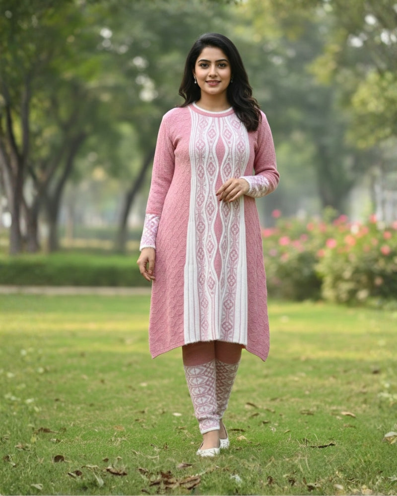 Full Sleeve Knee Length Hair Wool Fabric Onion Color 3 PC Kurti Set For Women