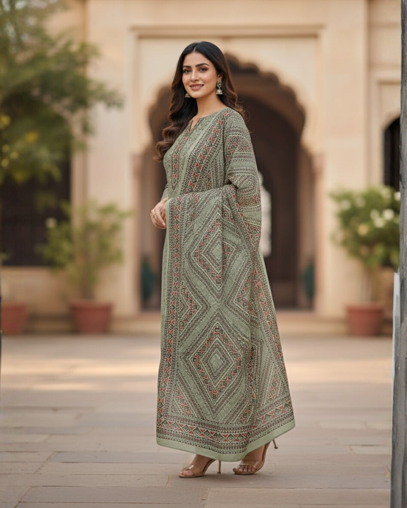 KRITI Women's Digital Print Woolen Green Color Unstitched Fabric Suit Set Winterwear