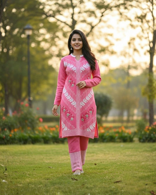 प्रीमियम 3-पीस ऊनी विंटर कुर्ती सेट | बॉटम और स्टोल के साथ बुना हुआ कुर्ता | M-XXL साइज़