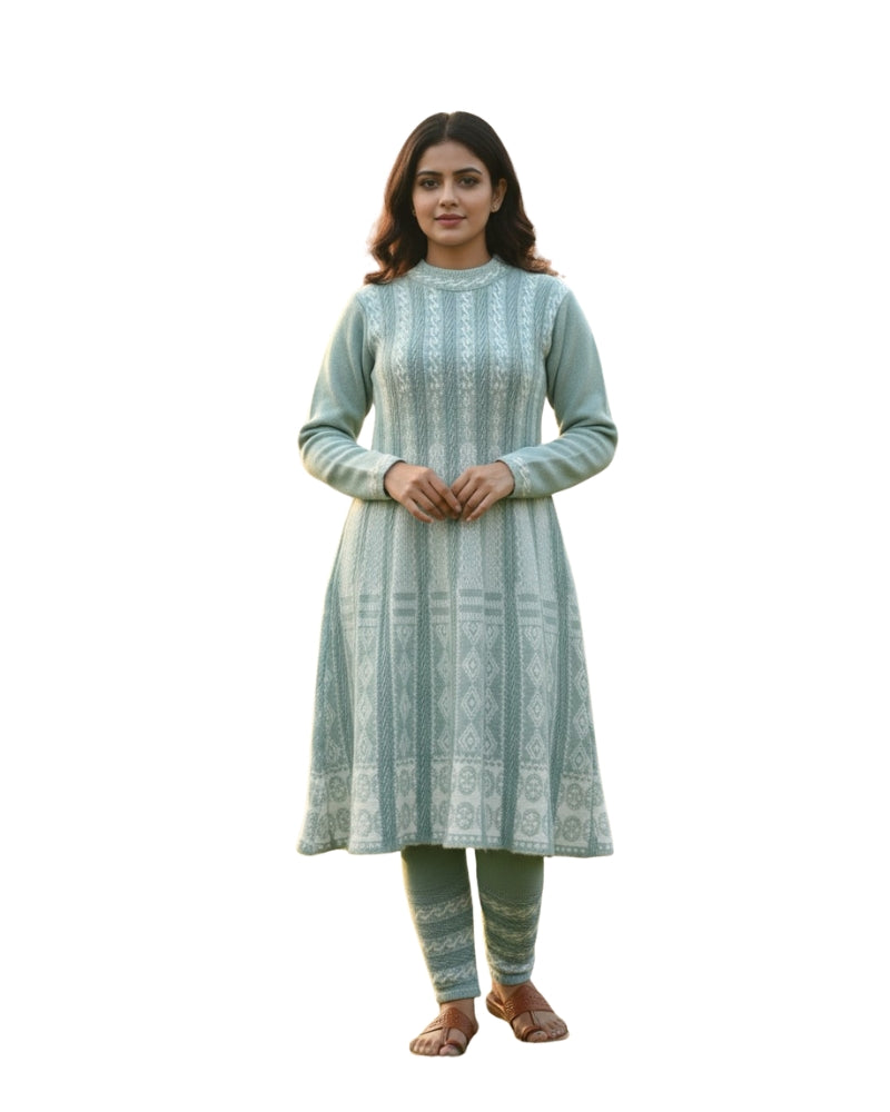 KRITI बुना हुआ ऊनी फ्रॉक कुर्ता सेट | बॉटम वियर के साथ 2-पीस विंटर कुर्ती 