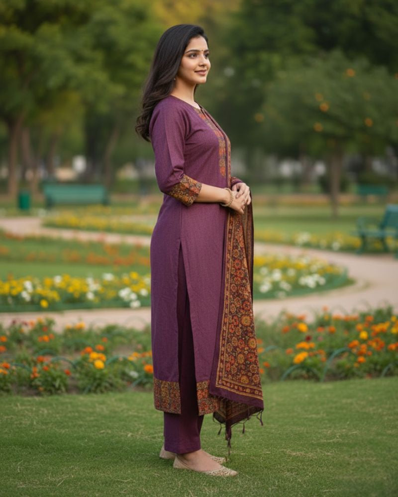 KRITI महिलाओं के लिए डिजिटल प्रिंट ऊनी बैंगनी रंग का अनस्टिच्ड फ़ैब्रिक सूट सेट विंटरवियर 