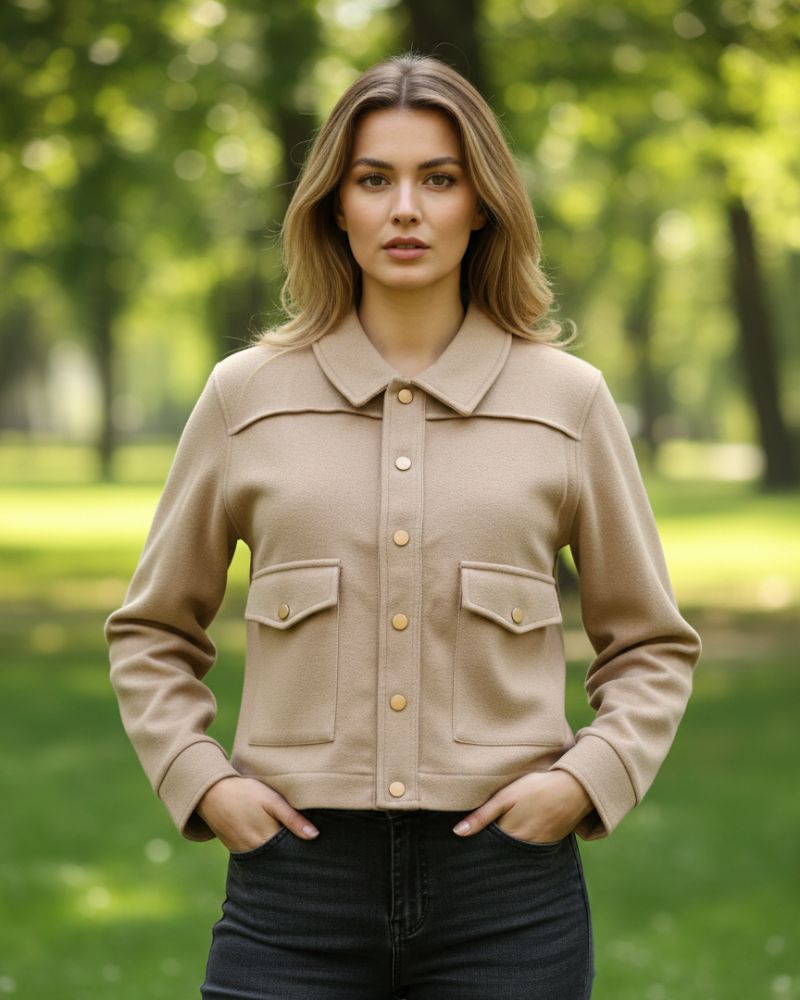 Winter Pocket Design Tweed Coat For Women- Camel