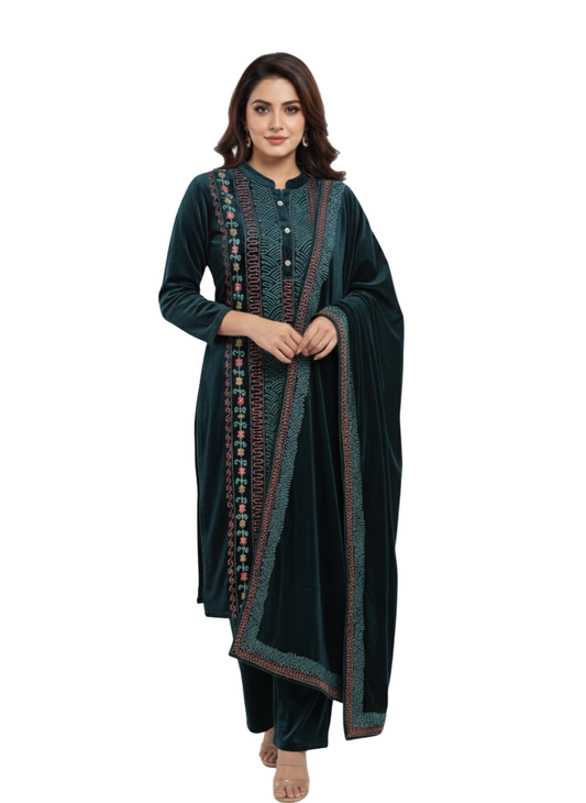 KRITI विंटर वेलवेट 3 पीस कढ़ाई कुर्ती सेट टील रंग महिलाओं के लिए
