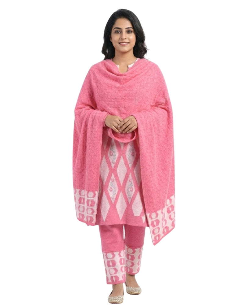 Women's Geometric Print Pink Color Woolen Kurti Set  | Warm Winter 3-Piece Suit