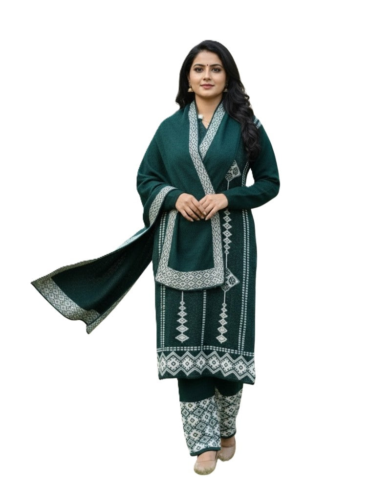 प्रीमियम 3-पीस ऊनी विंटर कुर्ती सेट | बॉटम और स्टोल के साथ बुना हुआ कुर्ता | M-XXL साइज़