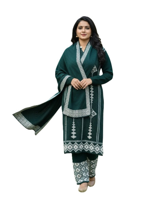 प्रीमियम 3-पीस ऊनी विंटर कुर्ती सेट | बॉटम और स्टोल के साथ बुना हुआ कुर्ता | M-XXL साइज़