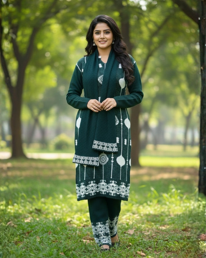 KRITI Wool Blend 3-Piece Embroidered Kurti Set for Women | Warm Knitted Kurti Lower & Stole Dupatta | Winter Indian Ethnic Wear Suit | M to XXL |