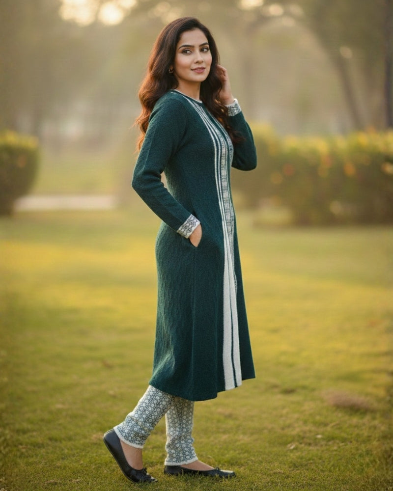 Full Sleeve Knee Length Woolen Fabric Bottle Green Color 3 PC Kurti Set For Women