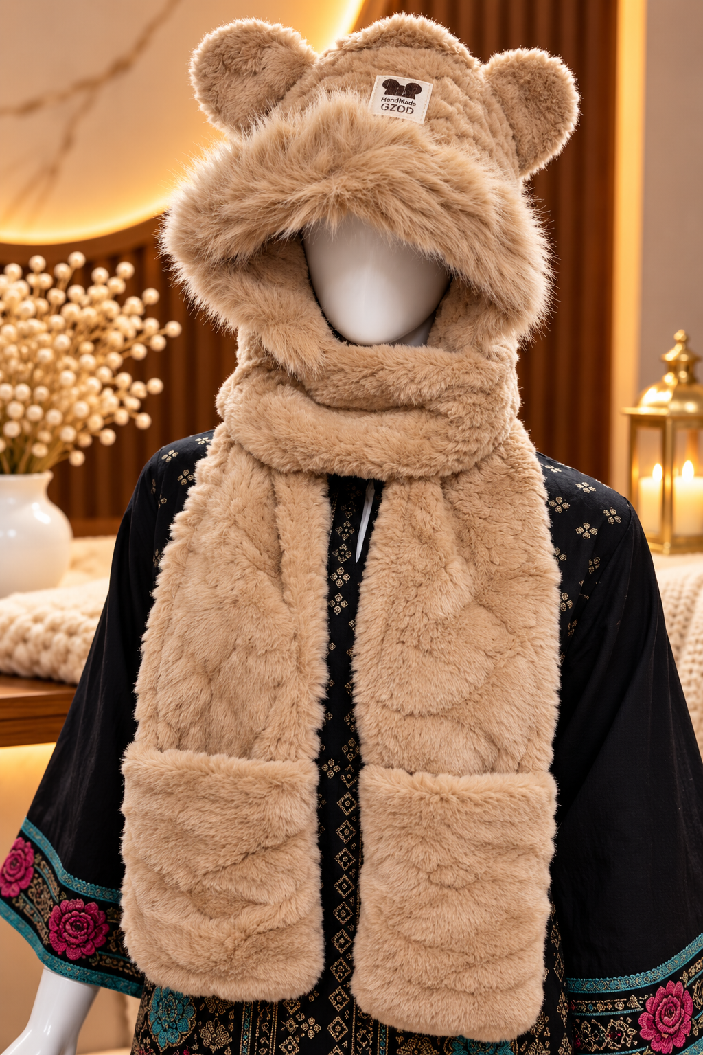 Faux Fur Teddy Bear Hooded Cap with Neck Warmer - Beige