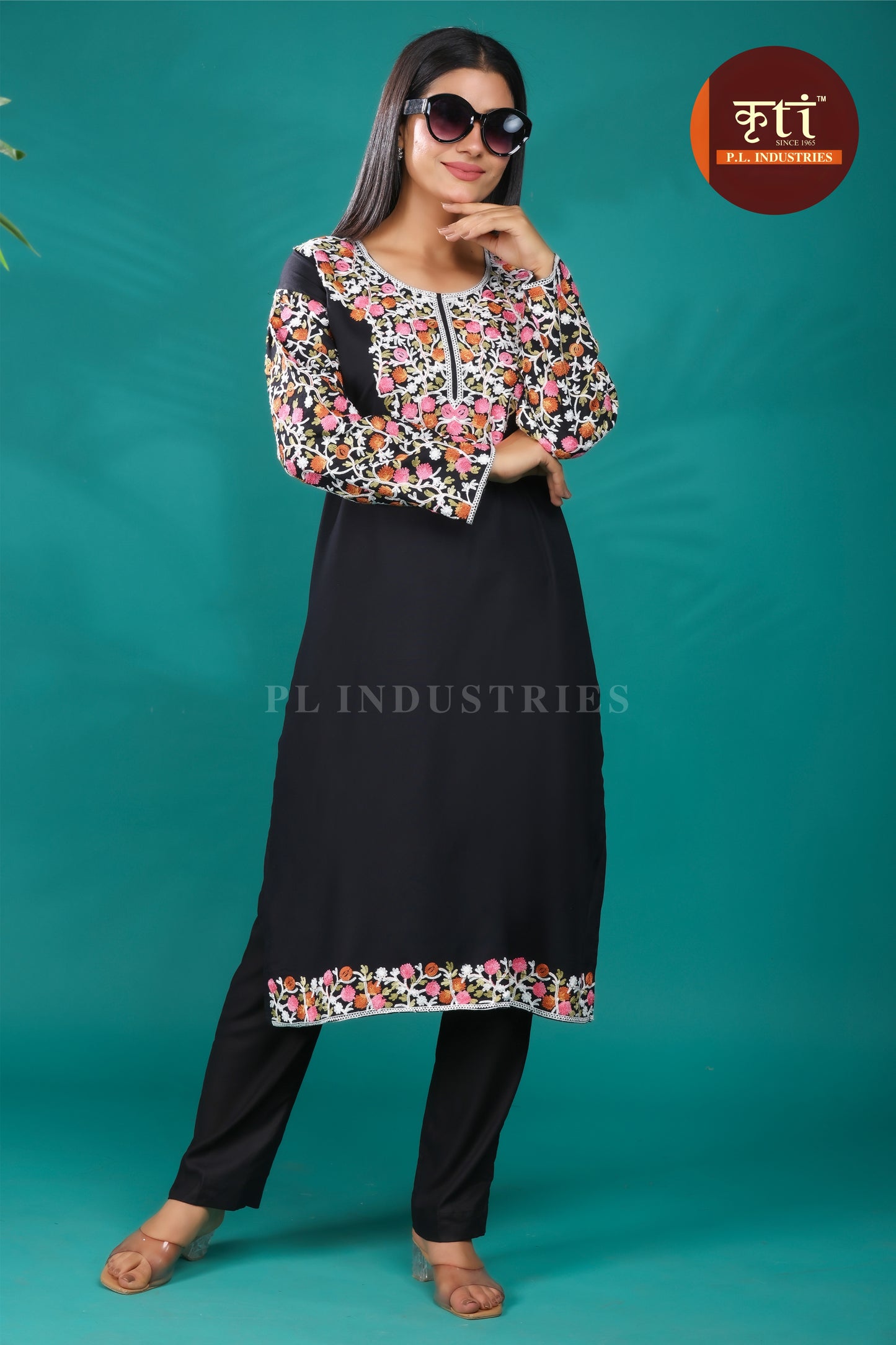 Refined Black Rayon Kurti with Delicate Floral Embroidery | Everyday Ethnic Luxury by Kriti Free Size