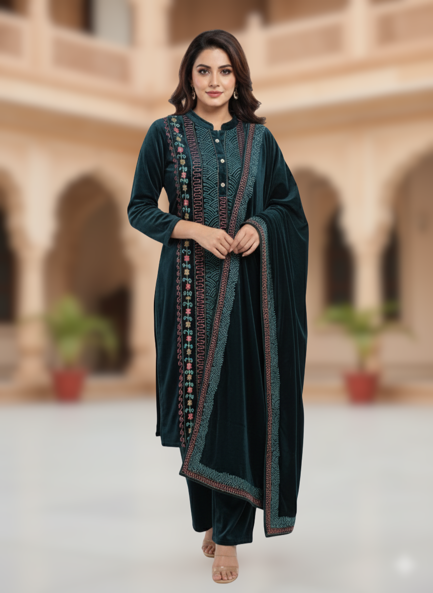 KRITI विंटर वेलवेट 3 पीस कढ़ाई कुर्ती सेट टील रंग महिलाओं के लिए