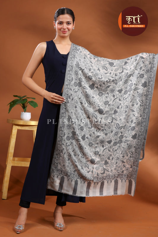 KRITI  Premium Floral Border Design Fine Wool Grey and White Stole For Women