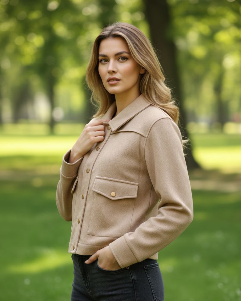 Winter Pocket Design Tweed Coat For Women- Camel