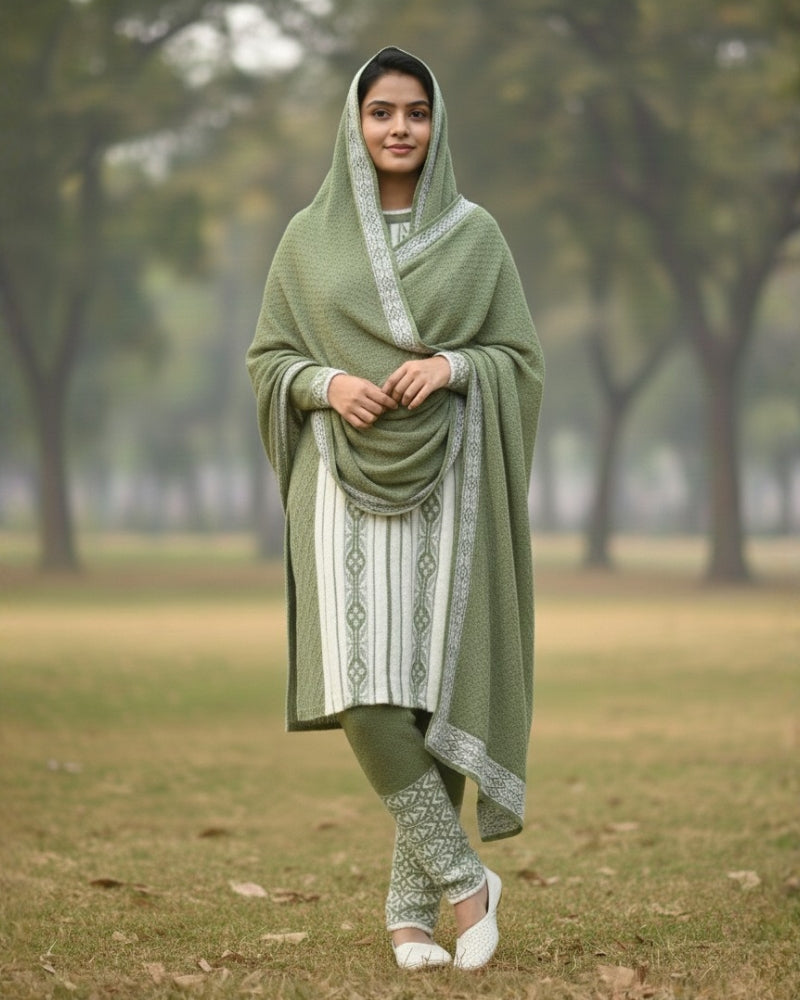 Full Sleeve Knee Length Hair Wool Fabric Pista Color 3 PC Kurti Set For Women