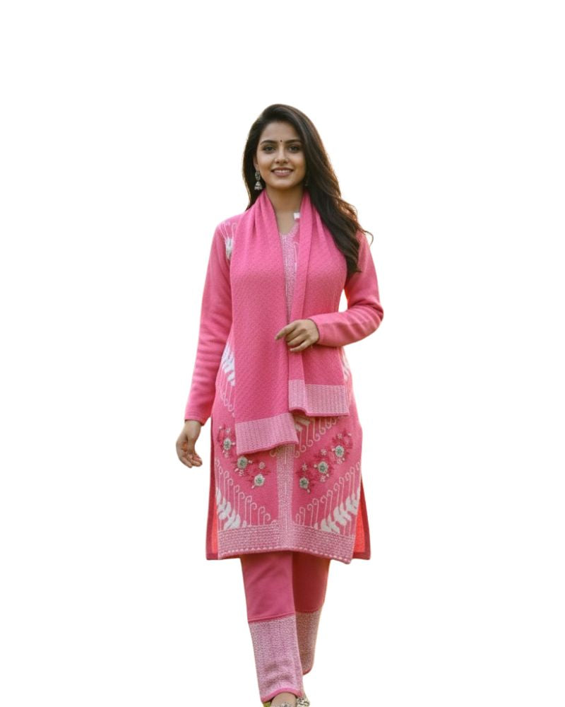 प्रीमियम 3-पीस ऊनी विंटर कुर्ती सेट | बॉटम और स्टोल के साथ बुना हुआ कुर्ता | M-XXL साइज़