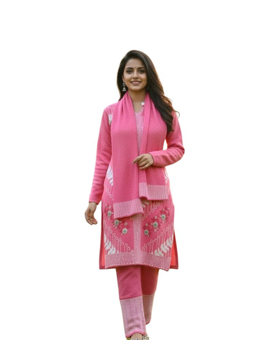 प्रीमियम 3-पीस ऊनी विंटर कुर्ती सेट | बॉटम और स्टोल के साथ बुना हुआ कुर्ता | M-XXL साइज़