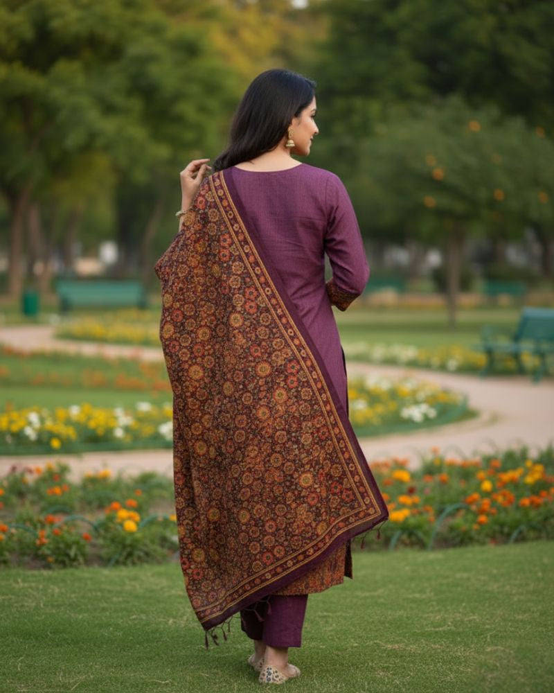 KRITI महिलाओं के लिए डिजिटल प्रिंट ऊनी बैंगनी रंग का अनस्टिच्ड फ़ैब्रिक सूट सेट विंटरवियर 