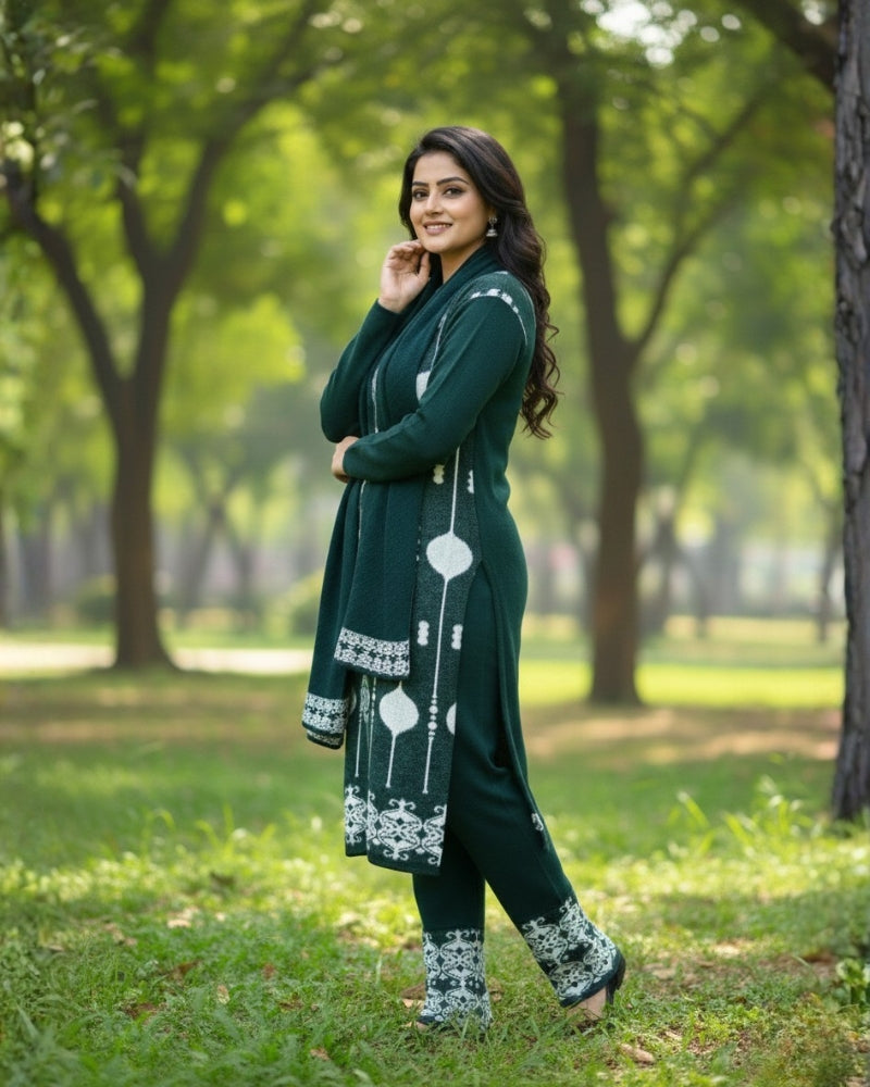 KRITI Wool Blend 3-Piece Embroidered Kurti Set for Women | Warm Knitted Kurti Lower & Stole Dupatta | Winter Indian Ethnic Wear Suit | M to XXL |