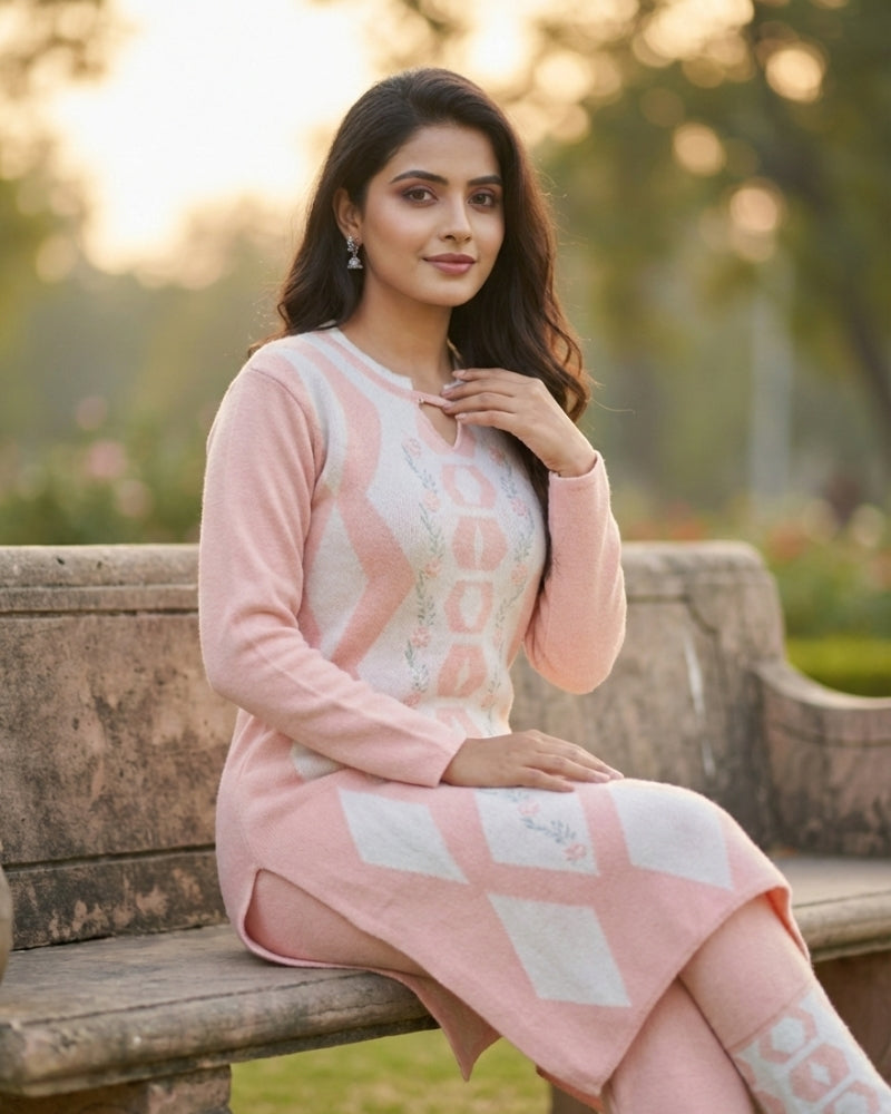 Women's Geometric Print Peach Color Woolen Kurti Set  | Warm Winter 3-Piece Suit