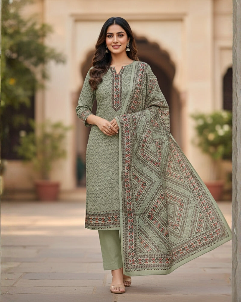 KRITI Women's Digital Print Woolen Green Color Unstitched Fabric Suit Set Winterwear