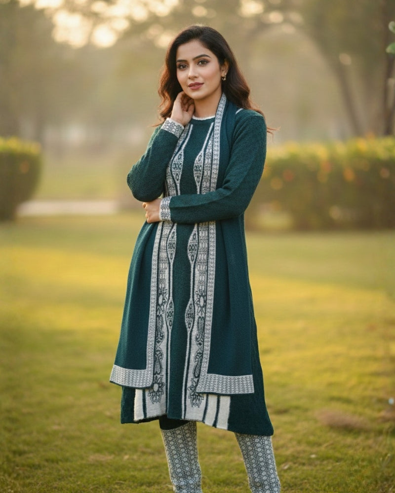 Full Sleeve Knee Length Woolen Fabric Bottle Green Color 3 PC Kurti Set For Women