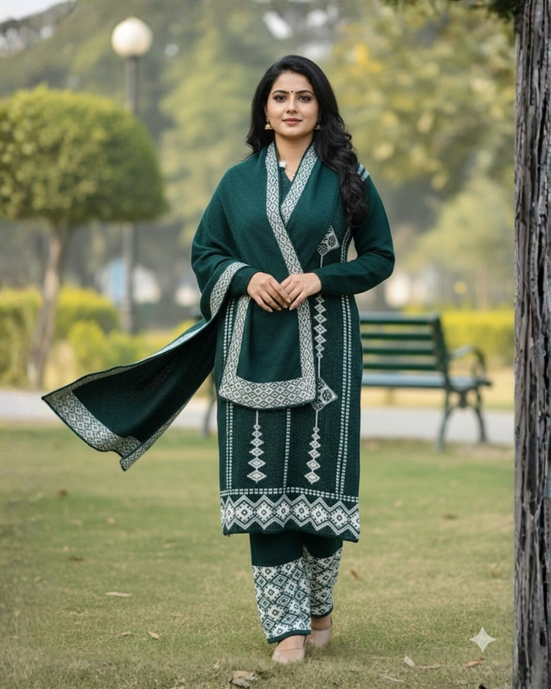 प्रीमियम 3-पीस ऊनी विंटर कुर्ती सेट | बॉटम और स्टोल के साथ बुना हुआ कुर्ता | M-XXL साइज़